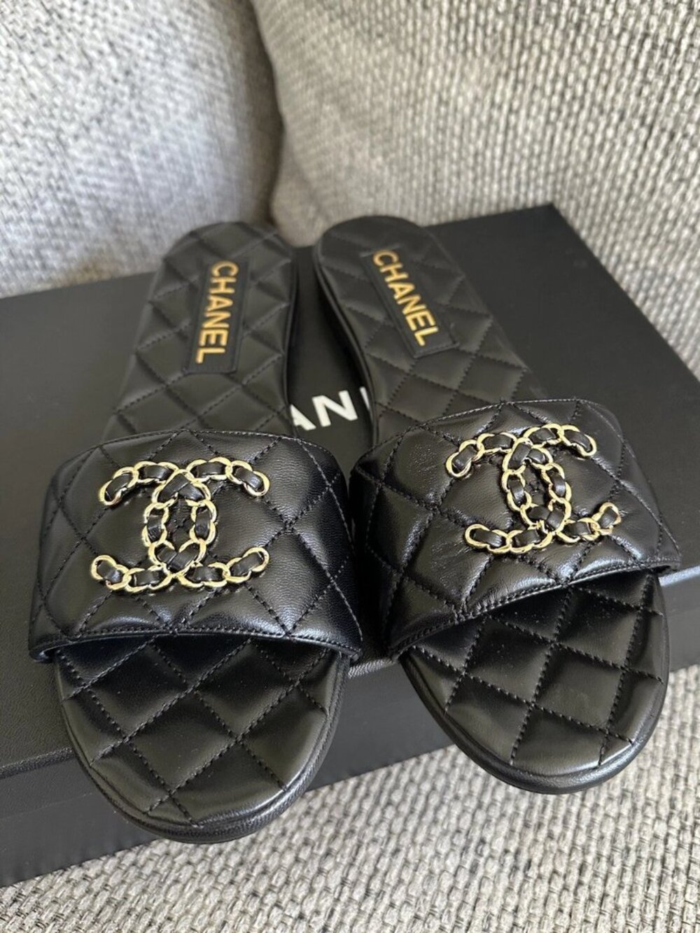 CHANEL Black Chain Gold CC Logo Mules Slide Sandal